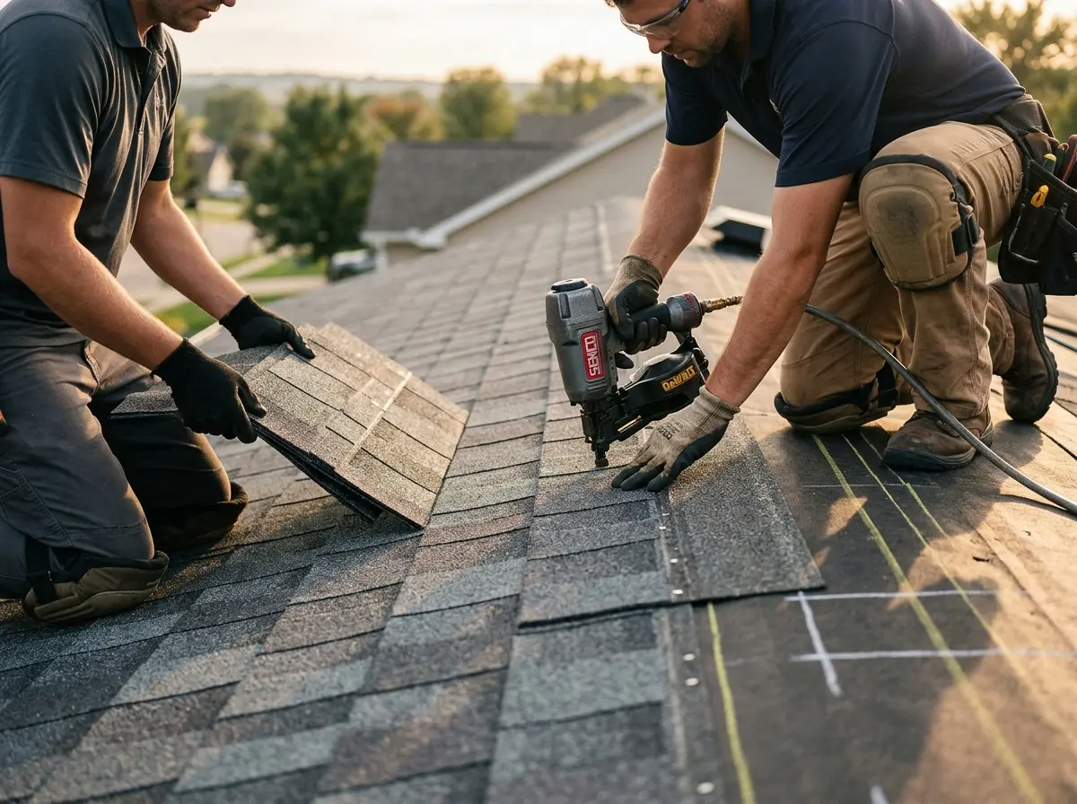 Professional roofer working on a residential roof in Highland